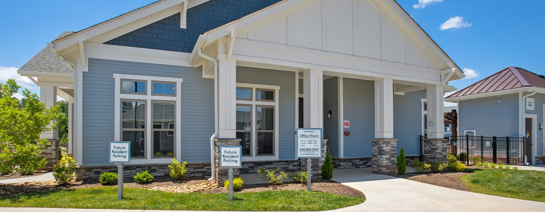 Entrance to the Burton Hills leasing office at Arden NC apartments near Asheville.